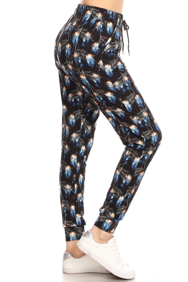 BLUE FEATHER printed joggers with solid trim, drawstring waistband, waist pockets, and cuffed hems