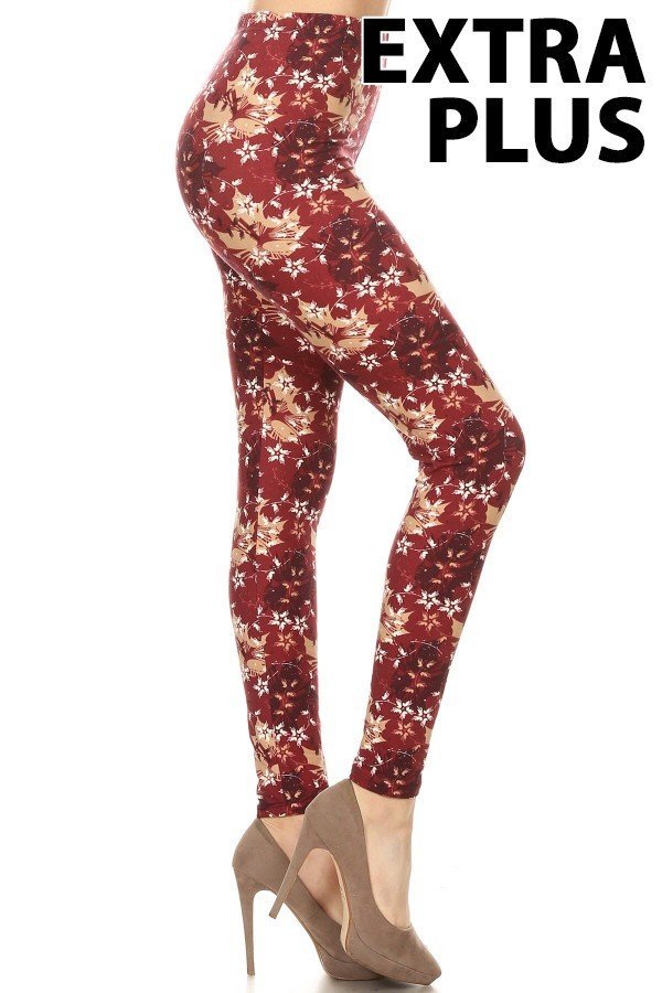 RED LEAF Print Brushed Ankle PLUS SIZE Leggings 3X4X