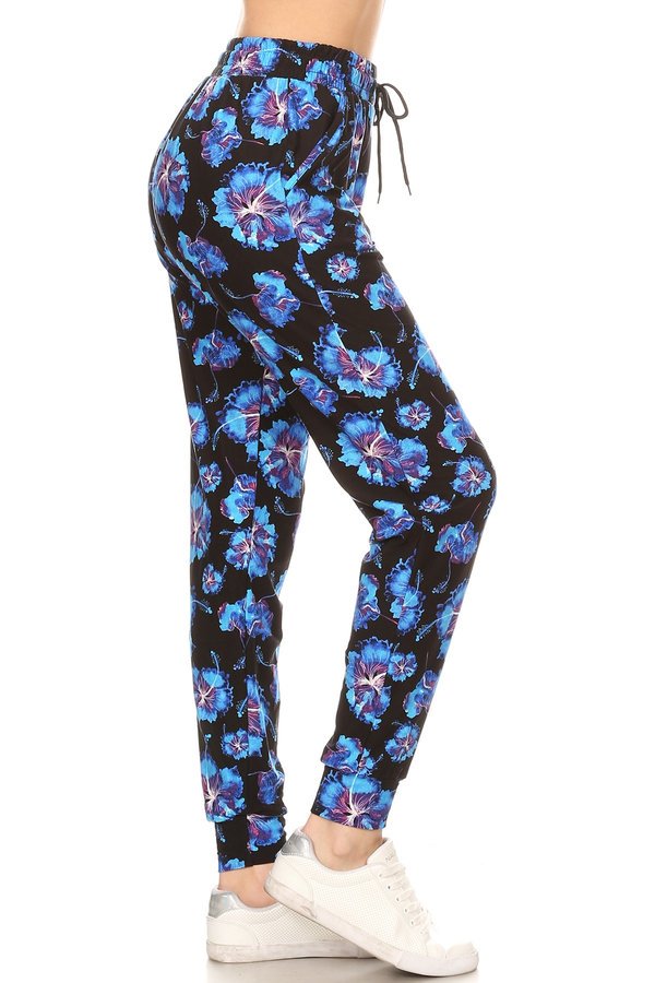 BLUE Floral printed joggers with solid trim, drawstring waistband, waist pockets, and cuffed hems