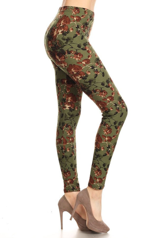 GREEN FLORAL PRINT Brushed Ankle ONE SIZE Leggings