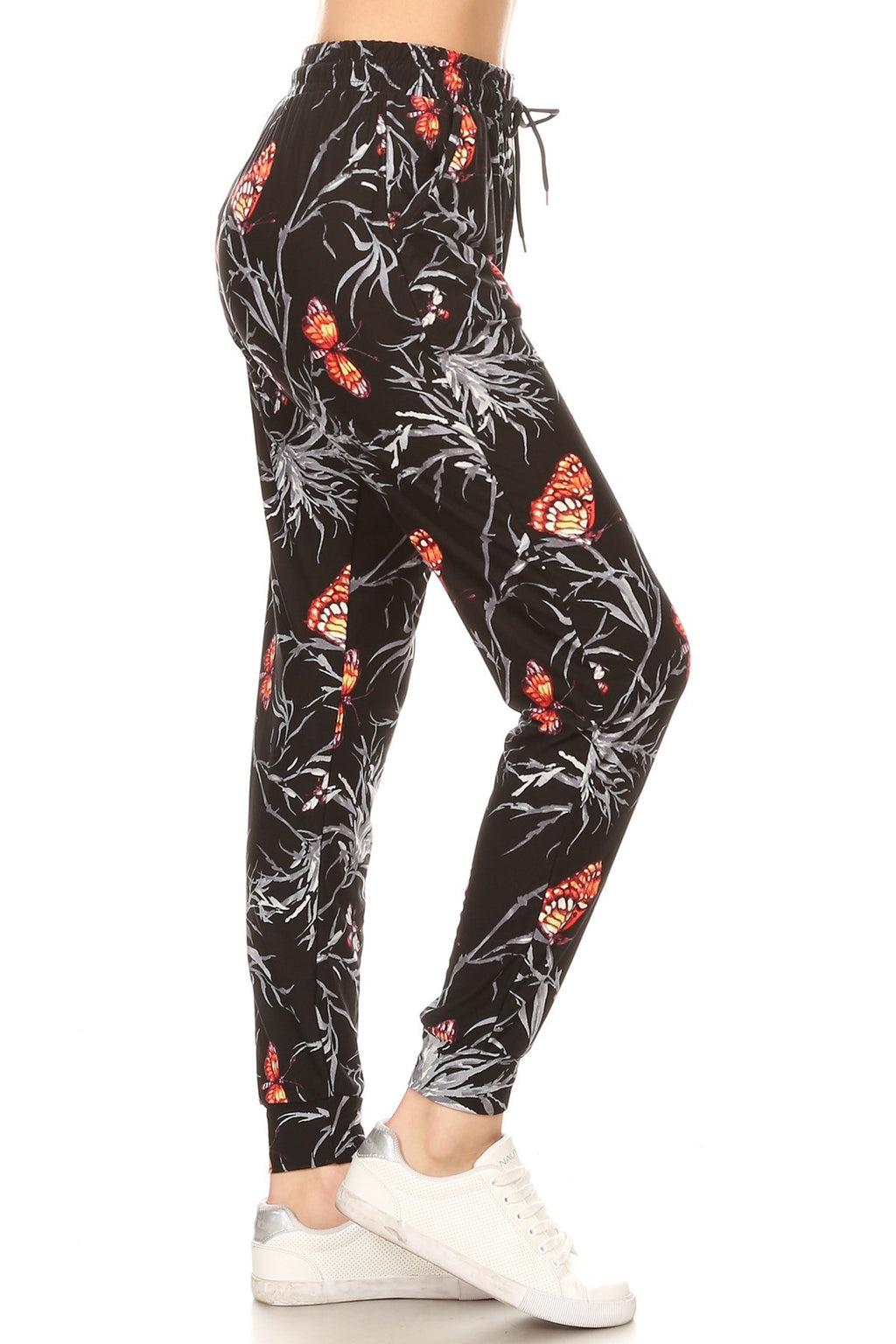 FLORAL BUTTERFLY printed joggers with solid trim, drawstring waistband, waist pockets, and cuffed hems