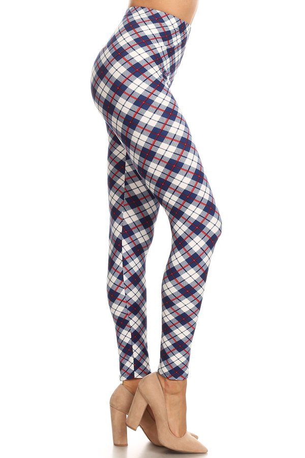 BLUE WHITE PLAID FLORAL PRINT Brushed Ankle ONE SIZE Leggings