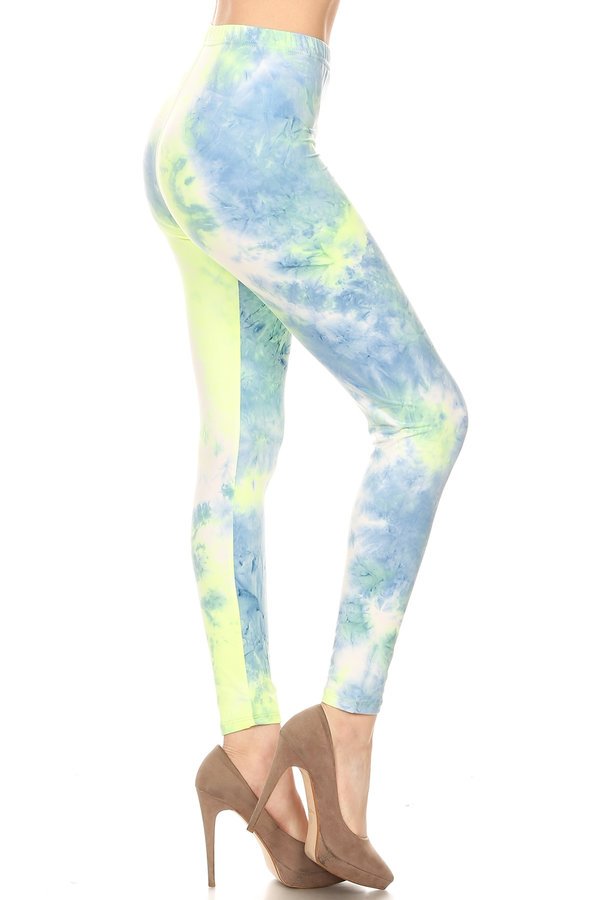 ONE SIZE LT BLUE/YELLOW TIE DYE Print Brushed Ankle Leggings