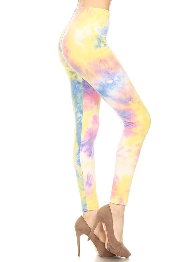 ONE SIZE BLUE/YELLOW TIE DYE Print Brushed Ankle Leggings