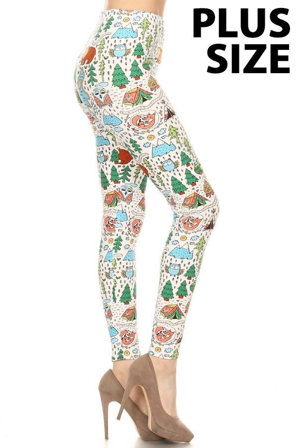 PLUS SIZE WHITE CAMPING Print Leggings