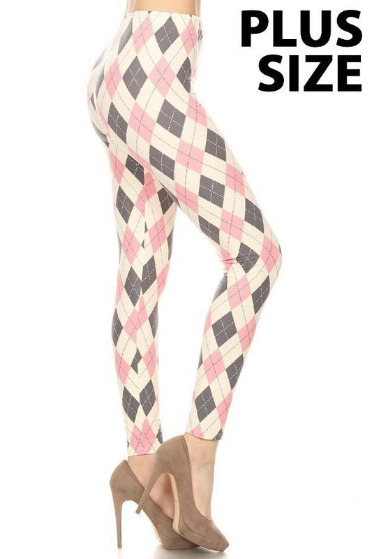 PLUS SIZE PINK GREY ARGYLE Print Leggings