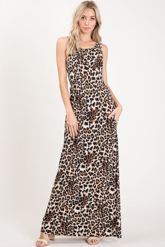 SLEEVELESS LEOPARD ANIMAL PRINT MAXI DRESS WITH SIDE POCKET