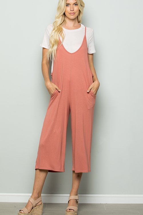 SLEEVELESS V NECK SOLID JUMPSUIT WITH SIDE POCKET