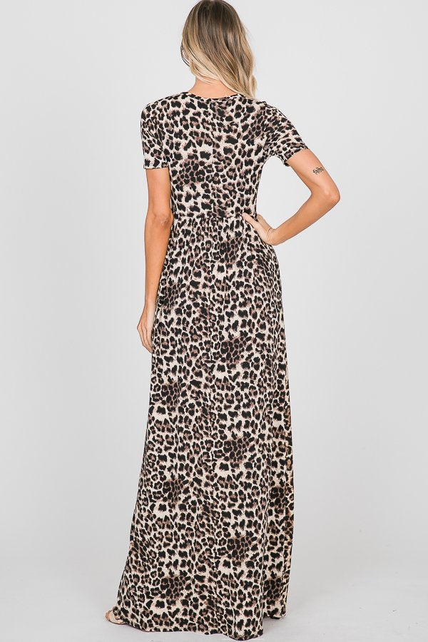 SHORT SLEEVE ANIMAL PRINT MAXI DRESS WITH SIDE POCKET