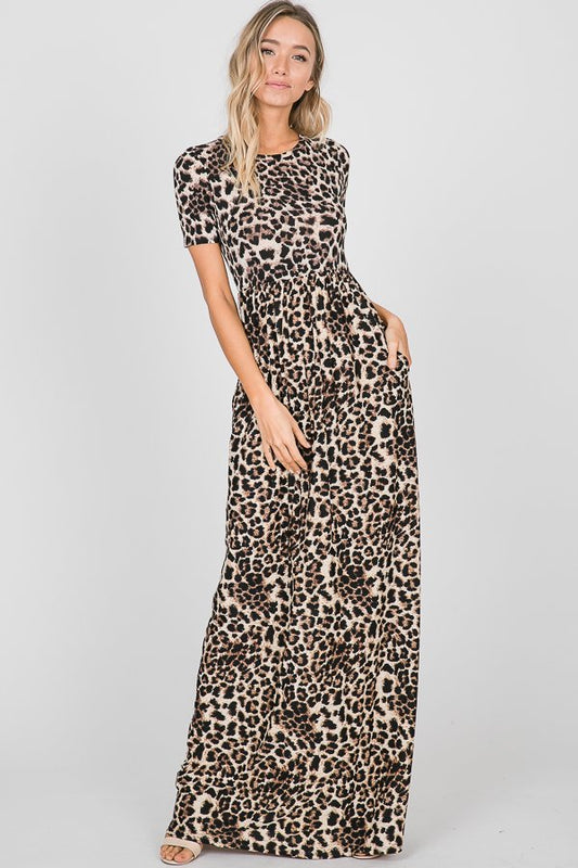 SHORT SLEEVE ANIMAL PRINT MAXI DRESS WITH SIDE POCKET