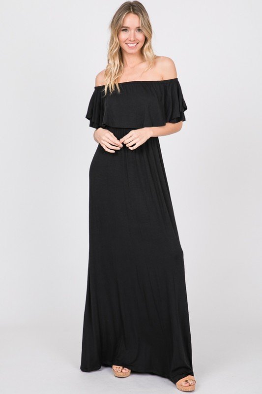 RUFFLED OFF SHOULDER SOLID MAXI DRESS SIDE POCKETS