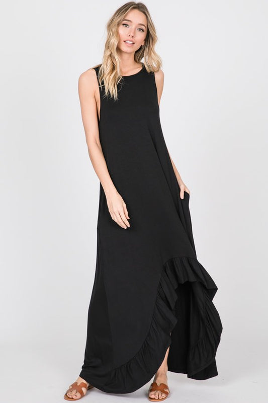 SLEEVELESS SOLID RUFFLED HI LOW MAXI DRESS WITH SIDE POCKET