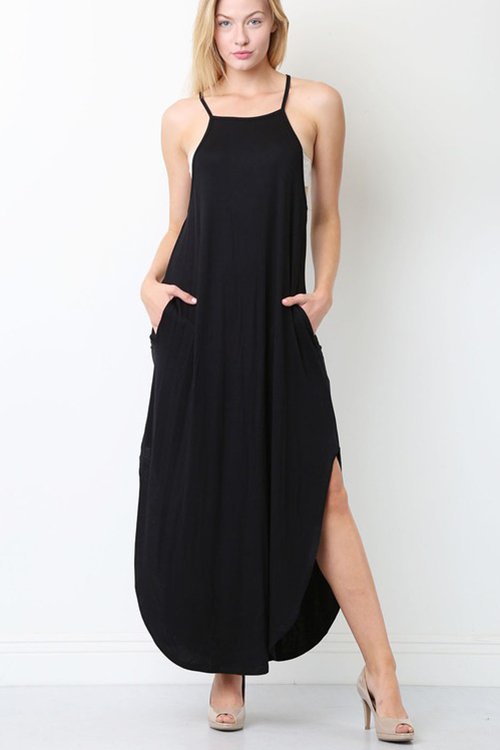 SOLID TANK DRESS WITH SPAGHETTI STRAP AND ROUND HEM