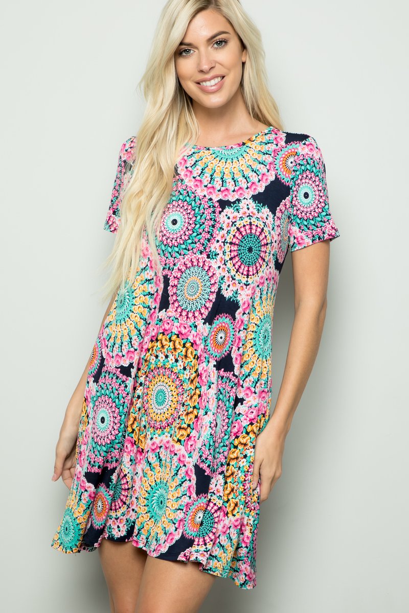 SHORT SLEEVE MULTI COLOR PRINT DRESS WITH SIDE POCKET