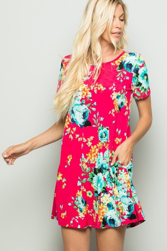 SHORT SLEEVE FLORAL PRINT DRESS WITH SIDE POCKET