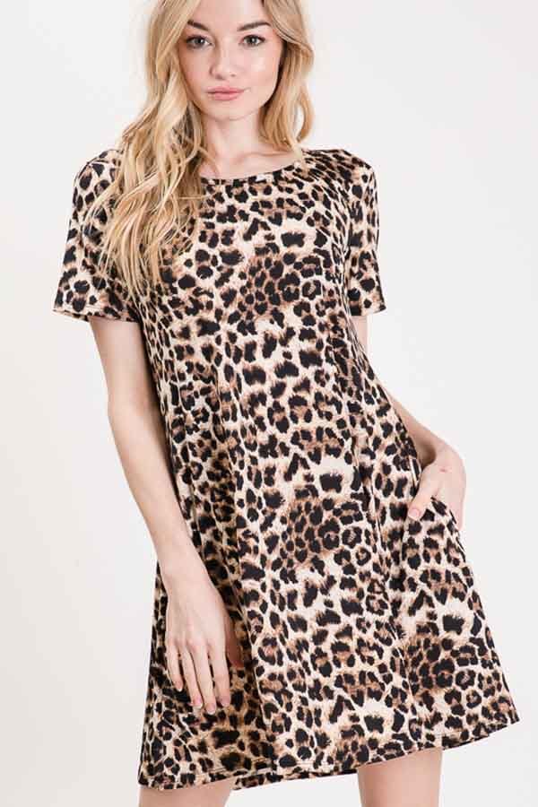 SHORT SLEEVE ANIMAL PRINT DRESS WITH SIDE POCKET