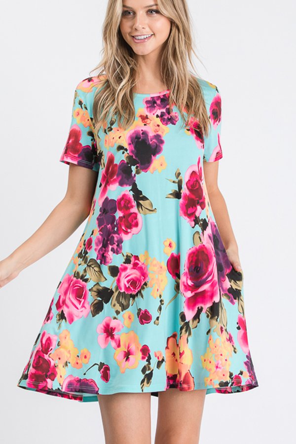 SHORT SLEEVE ROUND NECK FLORAL PRINT DRESS WITH SIDE POCKET