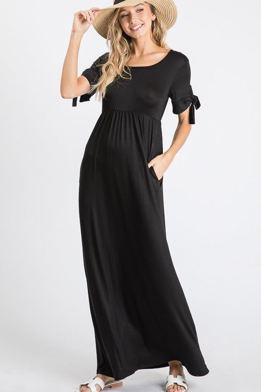 SHORT SLEEVE SOLID MAXI DRESS WITH SIDE POCKET AND TIE DETAIL ON SLEEVE