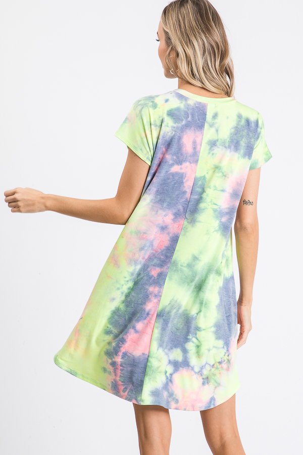 SHORT SLEEVE V NECK TIE DYE PRINT DRESS WITH SIDE POCKET