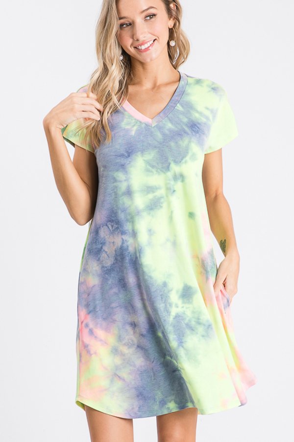 SHORT SLEEVE V NECK TIE DYE PRINT DRESS WITH SIDE POCKET