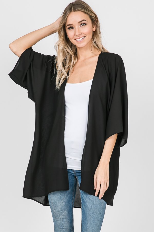 THREE QUARTER SLEEVE SOLID KIMONO CARDIGAN