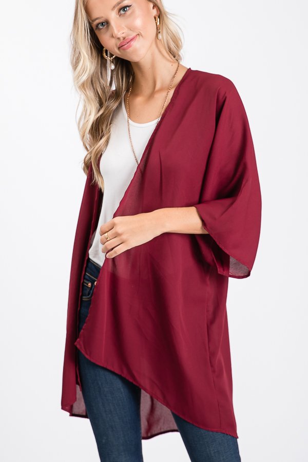 THREE QUARTER SLEEVE SOLID KIMONO CARDIGAN