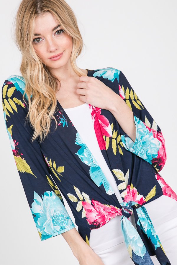 THREE QUARTER FLORAL PRINT CARDIGAN WITH SELF TIE AND SIDE SLIT