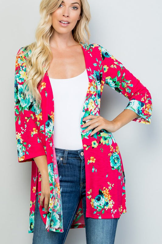 THREE QUARTER SLEEVE FLORAL PRINT KIMONO CARDIGAN WITH SIDE SLIT AND SELF TIE