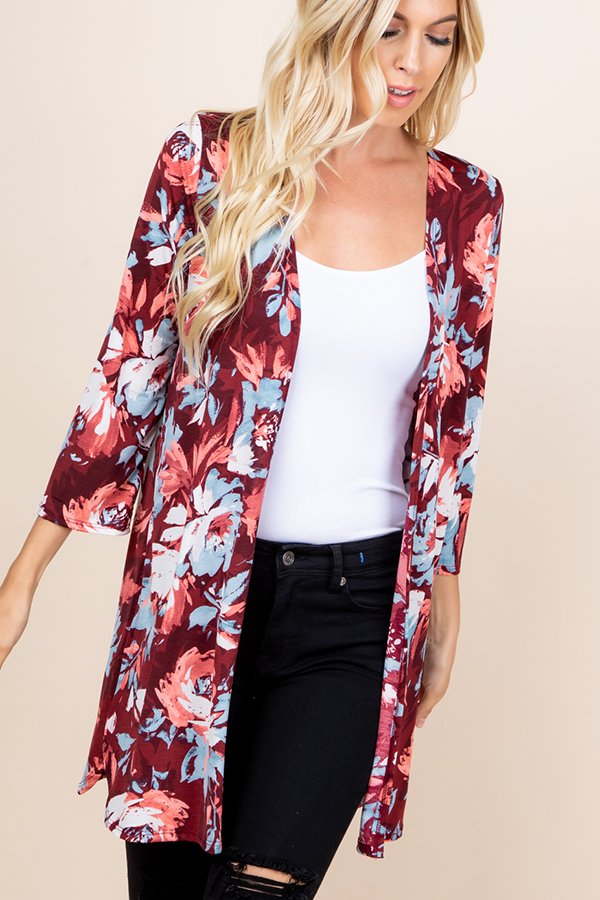 THREE QUARTER SLEEVE FLORAL PRINT CARDIGAN WITH SIDE SLIT