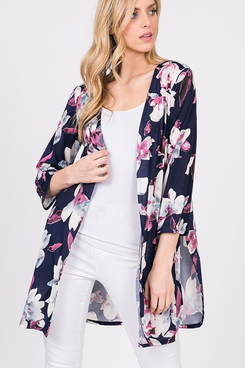 THREE QUARTER SLEEVE FLORAL PRINT KIMONO CARDIGAN WITH SIDE SLIT AND SELF TIE