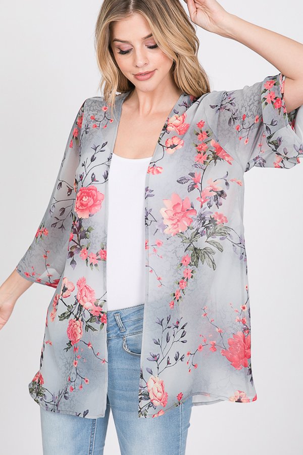 THREE QUARTER SLEEVE FLORAL PRINT CHIFFON KIMONO CARDIGAN