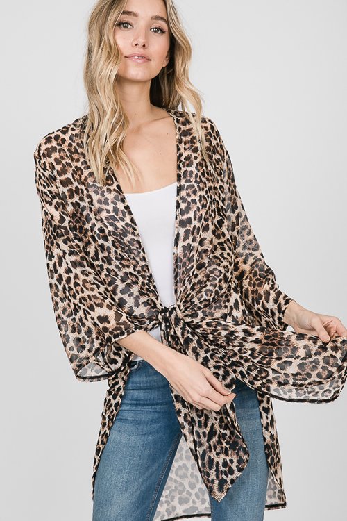 THREE QUARTER SLEEVE ANIMAL PRINT KIMONO CARDIGAN WITH SIDE SLIT AND SELF TIE