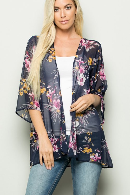 THREE QUARTER SLEEVE FLORAL PRINT KIMONO