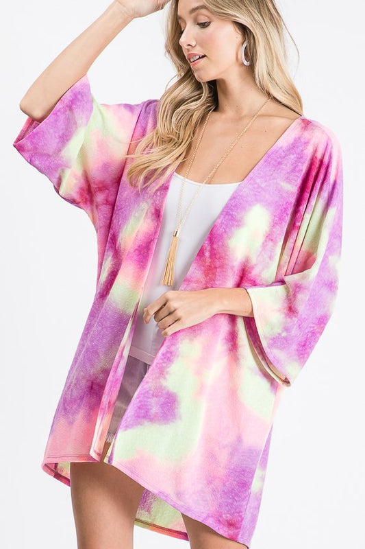 THREE QUARTER SLEEVE TIE DYE PRINT KIMONO CARDIGAN