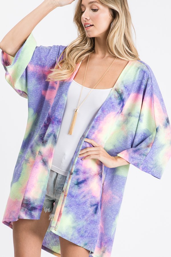 THREE QUARTER SLEEVE TIE DYE PRINT KIMONO CARDIGAN