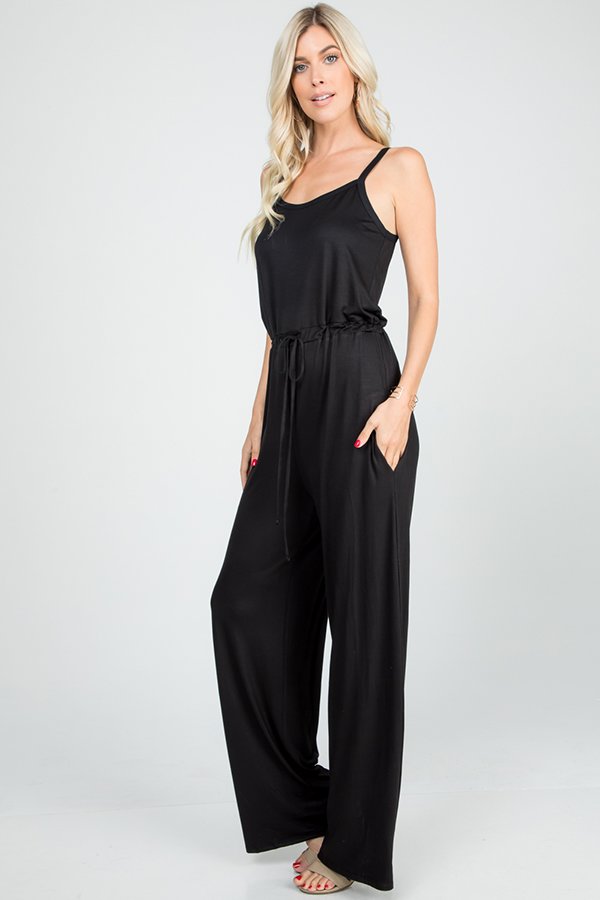 SLEEVELESS WAIST DRAWSTRING SOLID JUMPSUIT WITH SIDE POCKET
