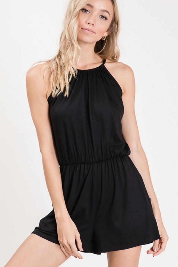 SLEEVELESS HALTER NECK SOLID ROMPER WITH SELF TIE BACK AND SIDE POCKET