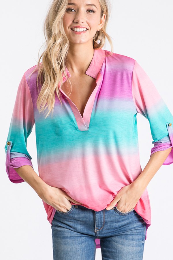 THREE QUARTER ROLL UP BUTTON SLEEVE MULTI OMBRE PRINT COLLAR TOP