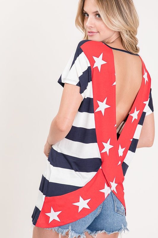 SHORT SLEEVE STRIPE AND STAR PRINT TWIST OPEN BACK TOP