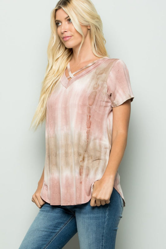 SHORT SLEEVE CRISSCROSS V NECK ROUND HEM TIE DYE PRINT TOP