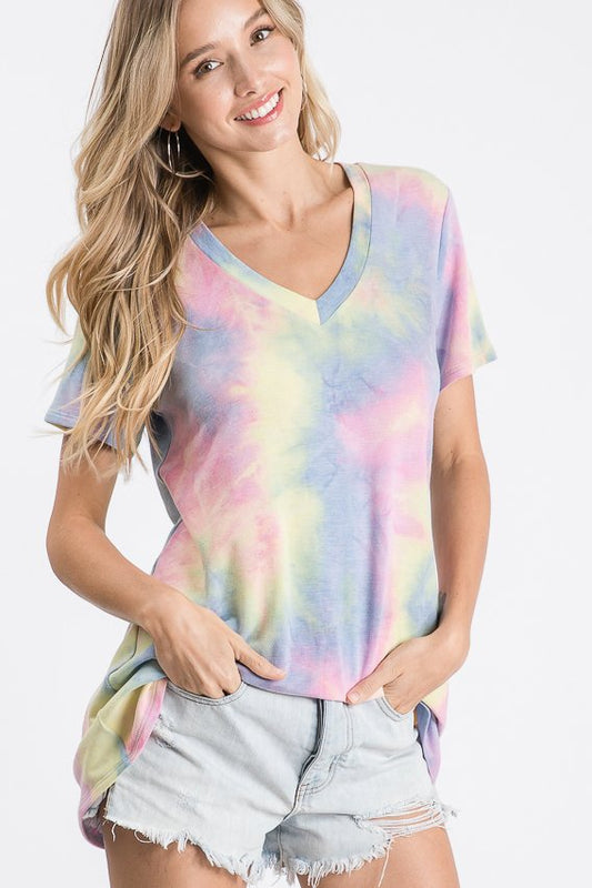 SHORT SLEEVE V NECK MULTI COLOR TIE DYE PRINT TOP