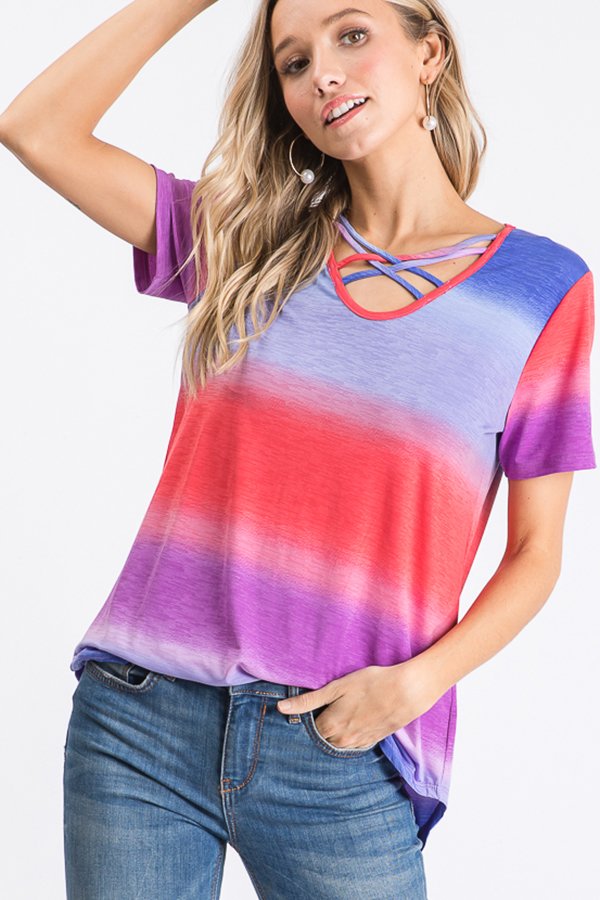 SHORT SLEEVE CRISSCROSS V NECK ROUND HEM MULTI OMBRE PRINT TOP