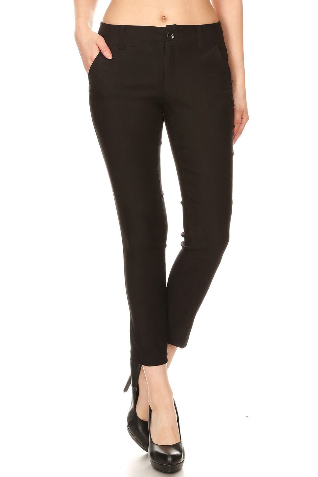 Solid, cropped, mid-rise pants in a slim fit with a button/zipper closure, and pockets on the front and back