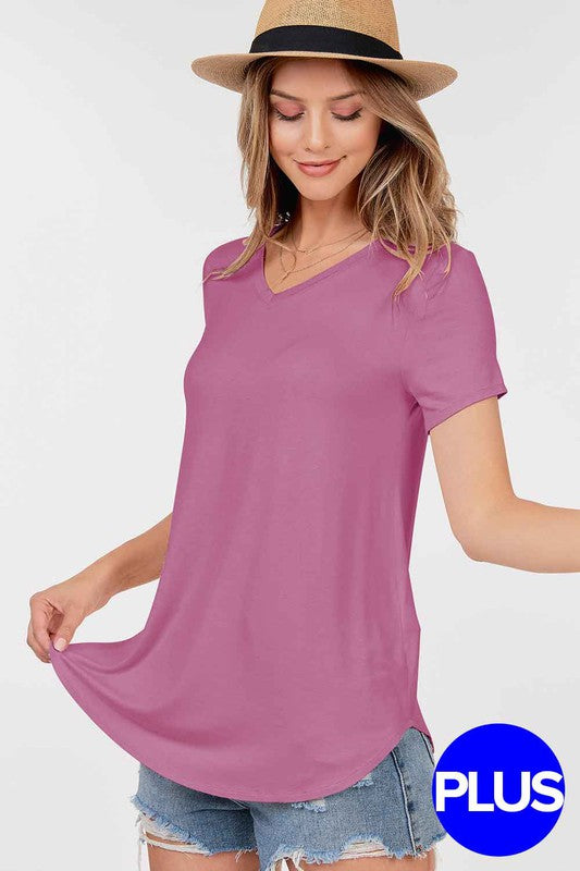 Basic Short Sleeve V Neck Top With Rounded Hem