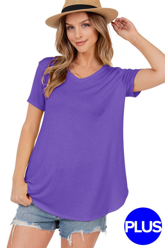 Basic Short Sleeve V Neck Top With Rounded Hem