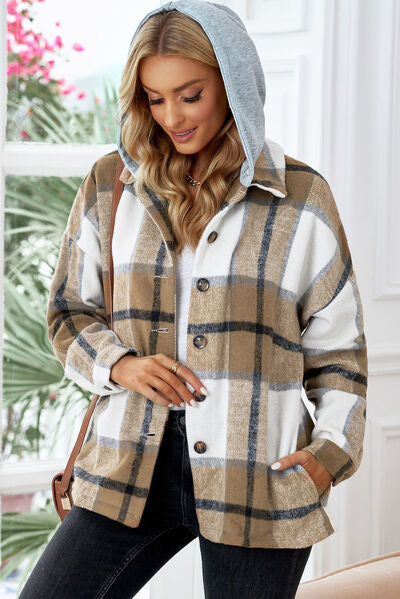 Button Up Plaid Hooded Jacket