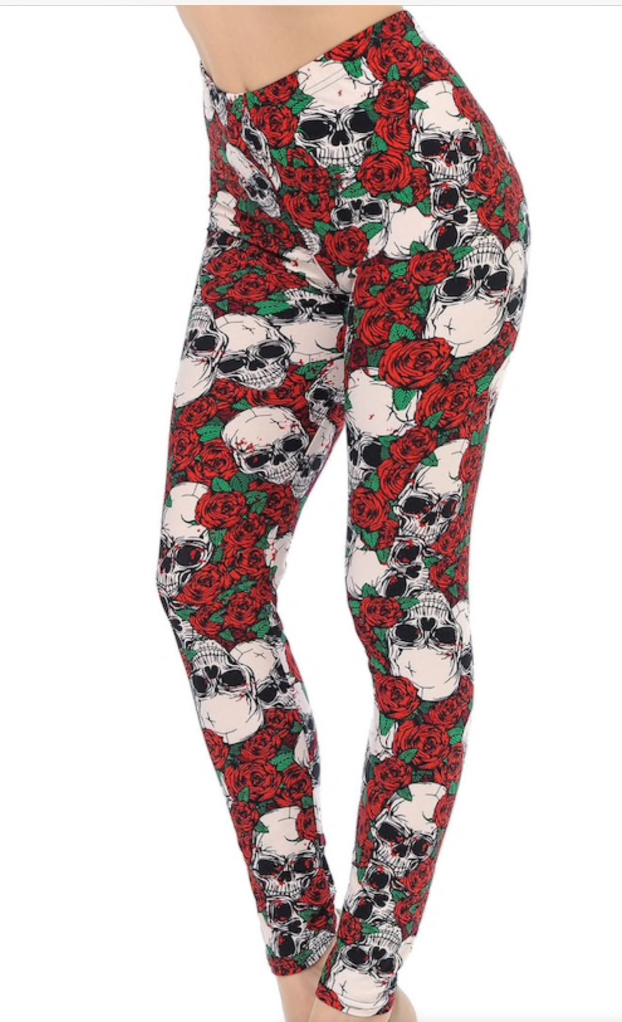 3X4X SKULL & RED ROSES Print Ankle PLUS Size Leggings