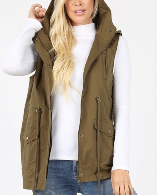 Loose fit drawstring military hoodie vest