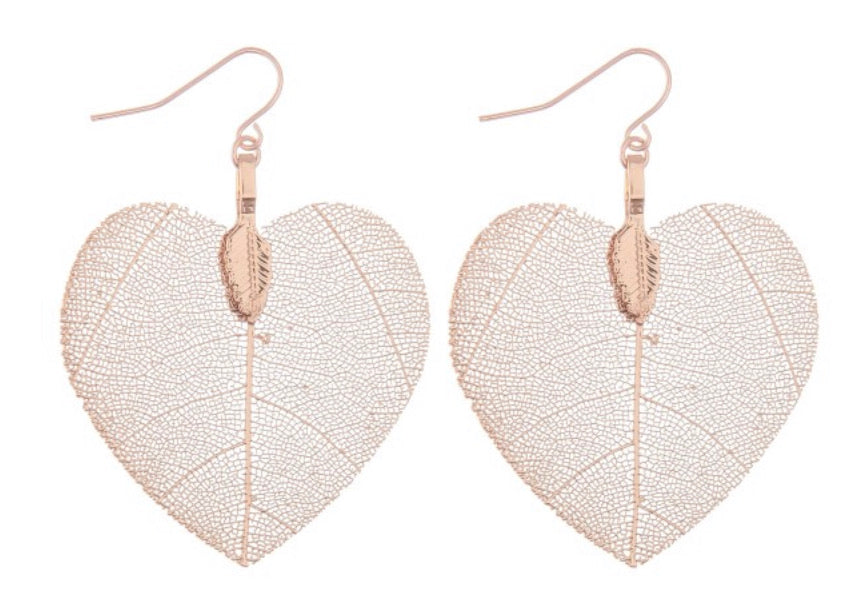 Rose Gold dipped heart filigree drop earrings