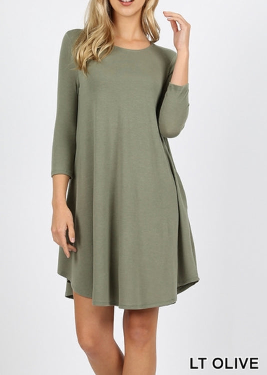 Premium fabric 3/4 sleeve round hem a-line dress with side pockets